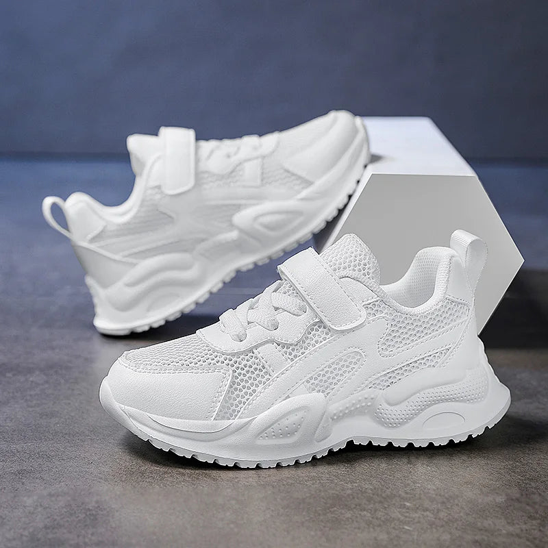 White Children's Leather Casual Shoes For Boy Girls Outdoor Running Sneakers Breathable Mesh Kids School Walking Sport Non Slip