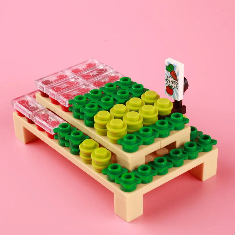 City Food Street View Vendor Hot dog Roadside Stand Building Blocks Ice Cream Newsstand Flower Shop Trash Can Toilet Bricks Toys