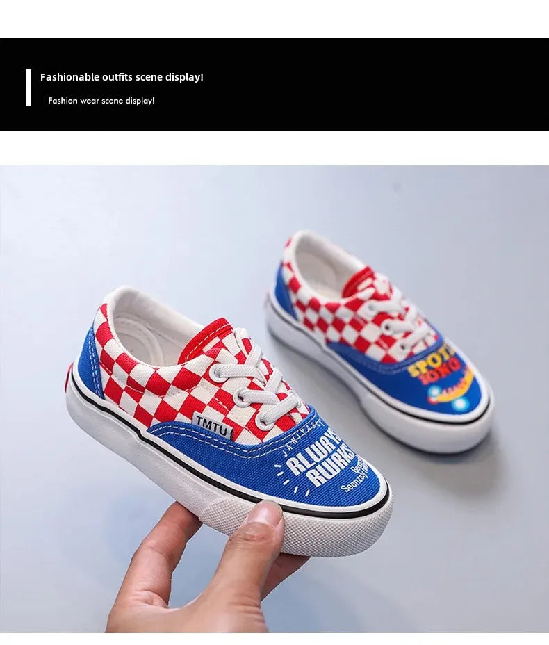 Children's Canva Shoes 2023 New Chessboard Pattern Baby Soft Sneakers High Aesthetic Value One-Step Walking Shoes Summer Casual