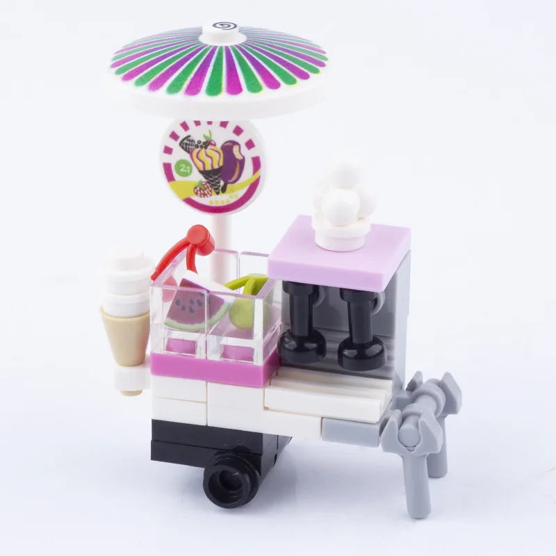 City Food Street View Vendor Hot dog Roadside Stand Building Blocks Ice Cream Newsstand Flower Shop Trash Can Toilet Bricks Toys