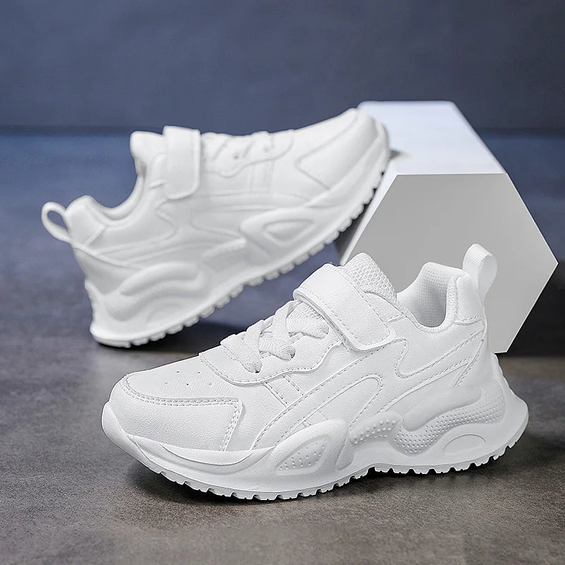 White Children's Leather Casual Shoes For Boy Girls Outdoor Running Sneakers Breathable Mesh Kids School Walking Sport Non Slip