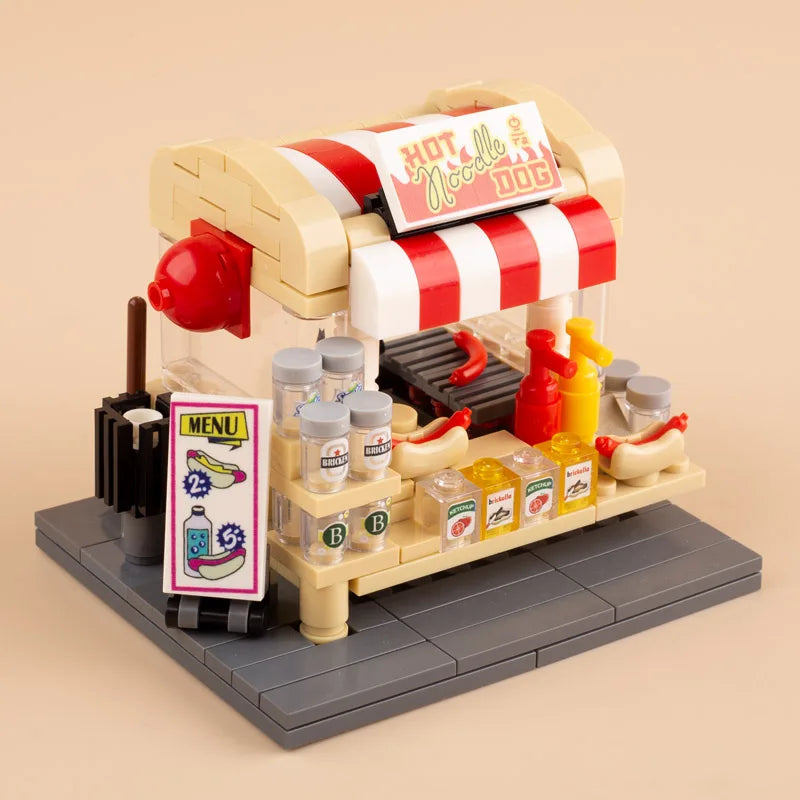 City Food Street View Vendor Hot dog Roadside Stand Building Blocks Ice Cream Newsstand Flower Shop Trash Can Toilet Bricks Toys