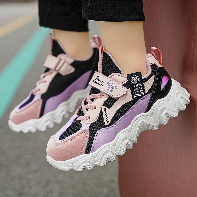 Fashion Children Shoes Girls Sneaker Black Pink PU Leather Platform Casual Sneaker School Tennis Sports Shoes for Girls