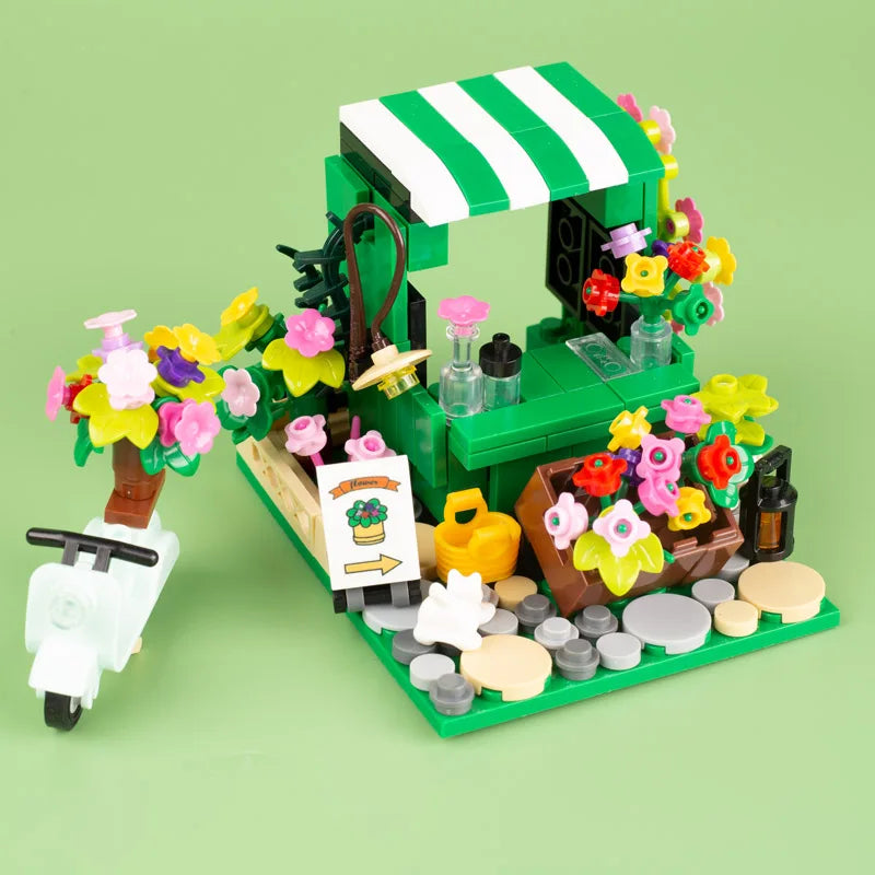 City Food Street View Vendor Hot dog Roadside Stand Building Blocks Ice Cream Newsstand Flower Shop Trash Can Toilet Bricks Toys