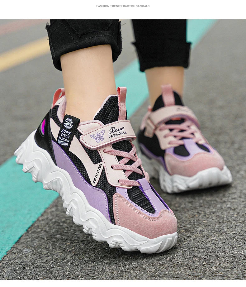 Fashion Children Shoes Girls Sneaker Black Pink PU Leather Platform Casual Sneaker School Tennis Sports Shoes for Girls