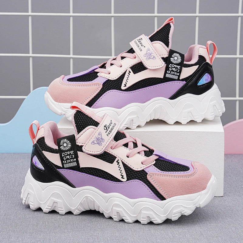 Fashion Children Shoes Girls Sneaker Black Pink PU Leather Platform Casual Sneaker School Tennis Sports Shoes for Girls