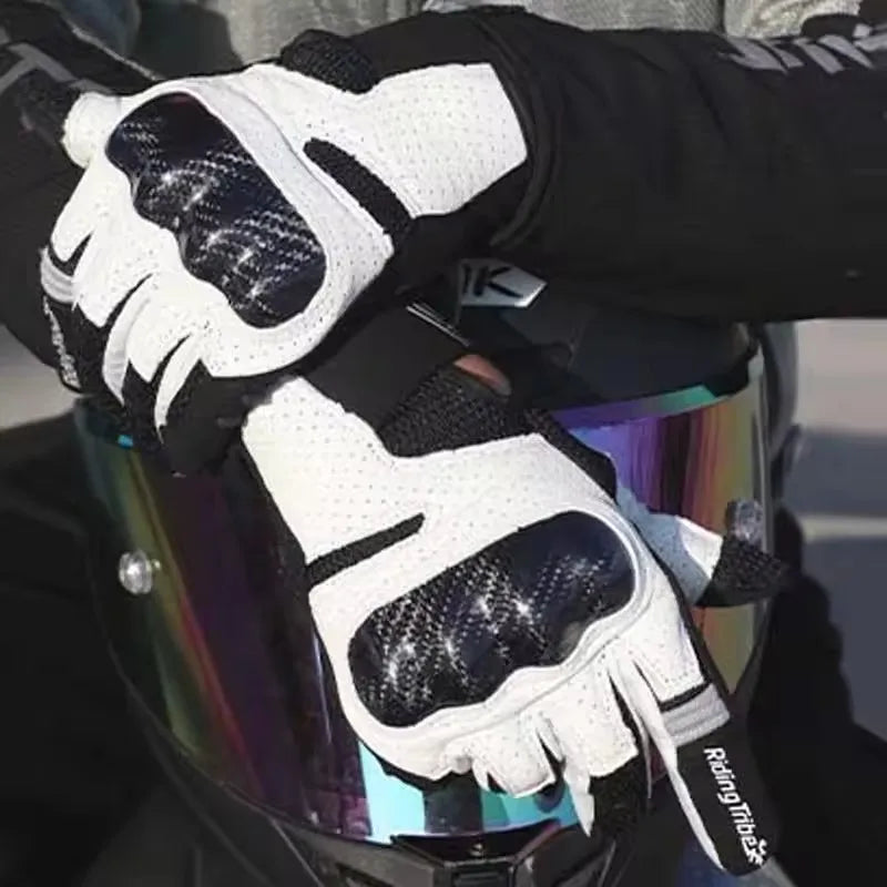 Lightweight Motorcycle Sports Gloves Men Women Real Leather Palm, Carbon Fiber Knuckle Guard & Breathable Mesh for Summer Riding