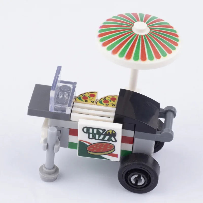 City Food Street View Vendor Hot dog Roadside Stand Building Blocks Ice Cream Newsstand Flower Shop Trash Can Toilet Bricks Toys