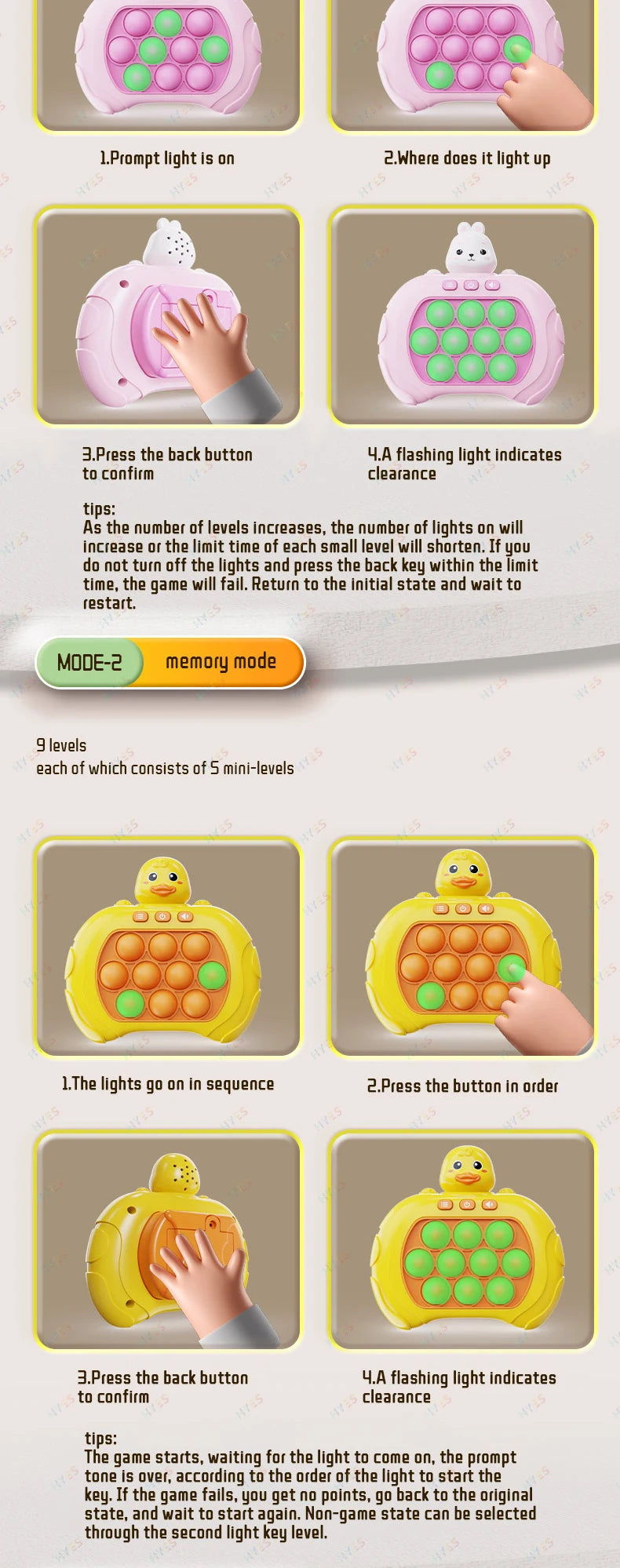 Electronic Quick Push Bubble Game Handle Toys Pop Up Light Fidget Fun Puzzle Anti-Stress Game Machine Toy Gifts For Kids Adults