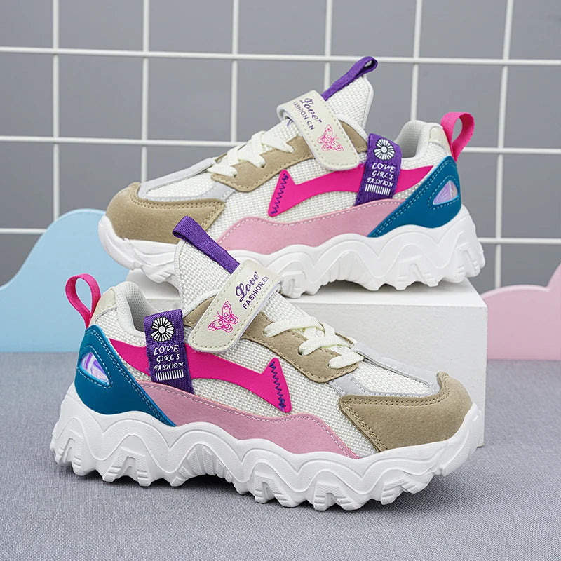 Fashion Children Shoes Girls Sneaker Black Pink PU Leather Platform Casual Sneaker School Tennis Sports Shoes for Girls