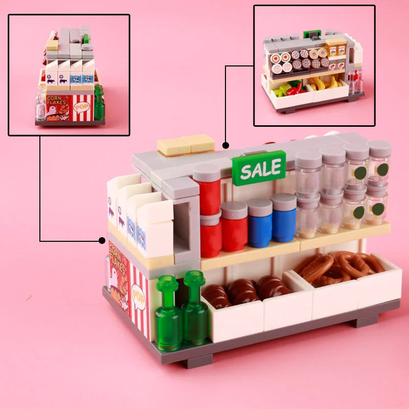 City Food Street View Vendor Hot dog Roadside Stand Building Blocks Ice Cream Newsstand Flower Shop Trash Can Toilet Bricks Toys