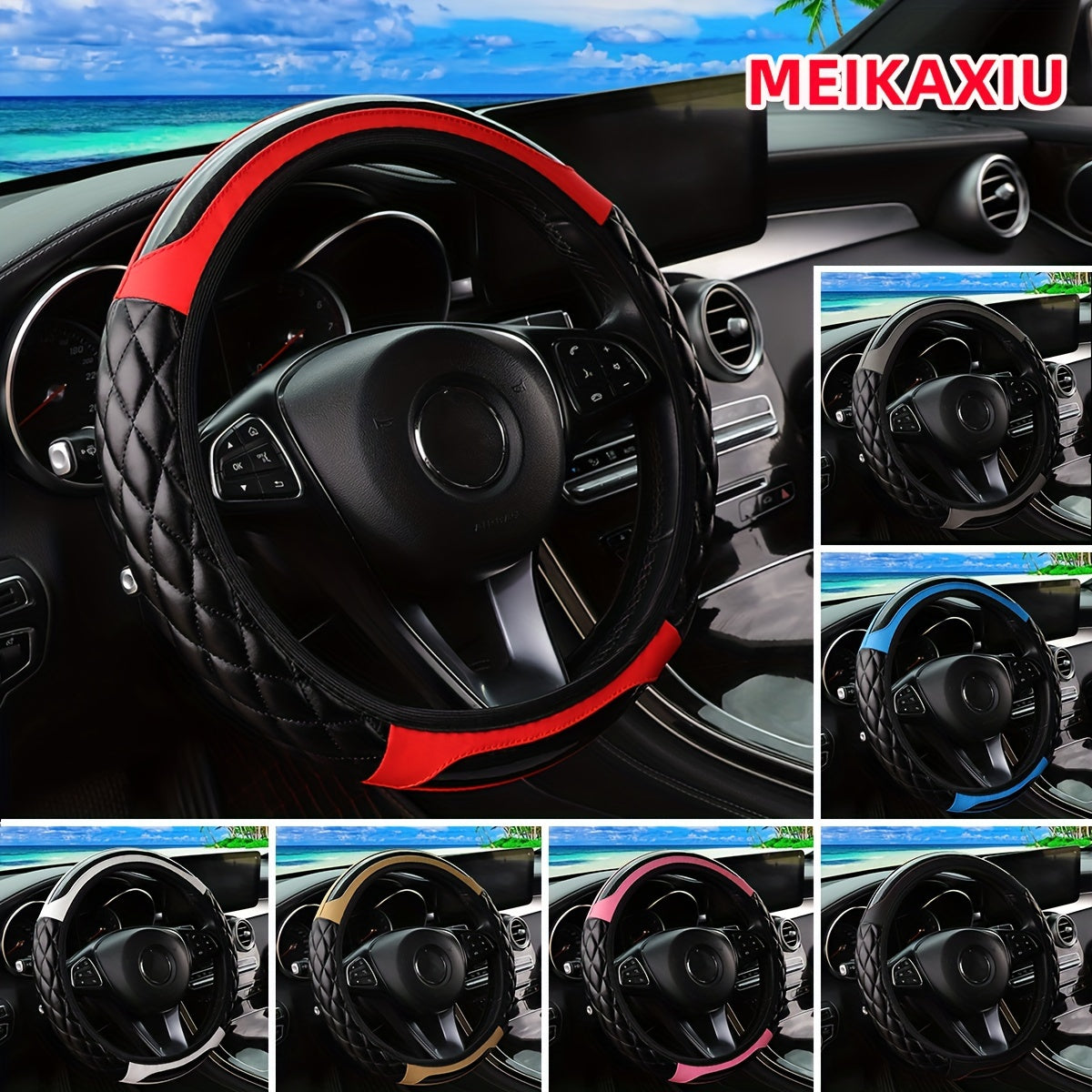 MEIKAXIU 3D Embroidered Crystal Carbon Fiber Steering Wheel Cover - 1pc Universal Fit for 14.5-15 Inch - Unisex, Available in Black, Red, Pink, Blue, Beige, Gray