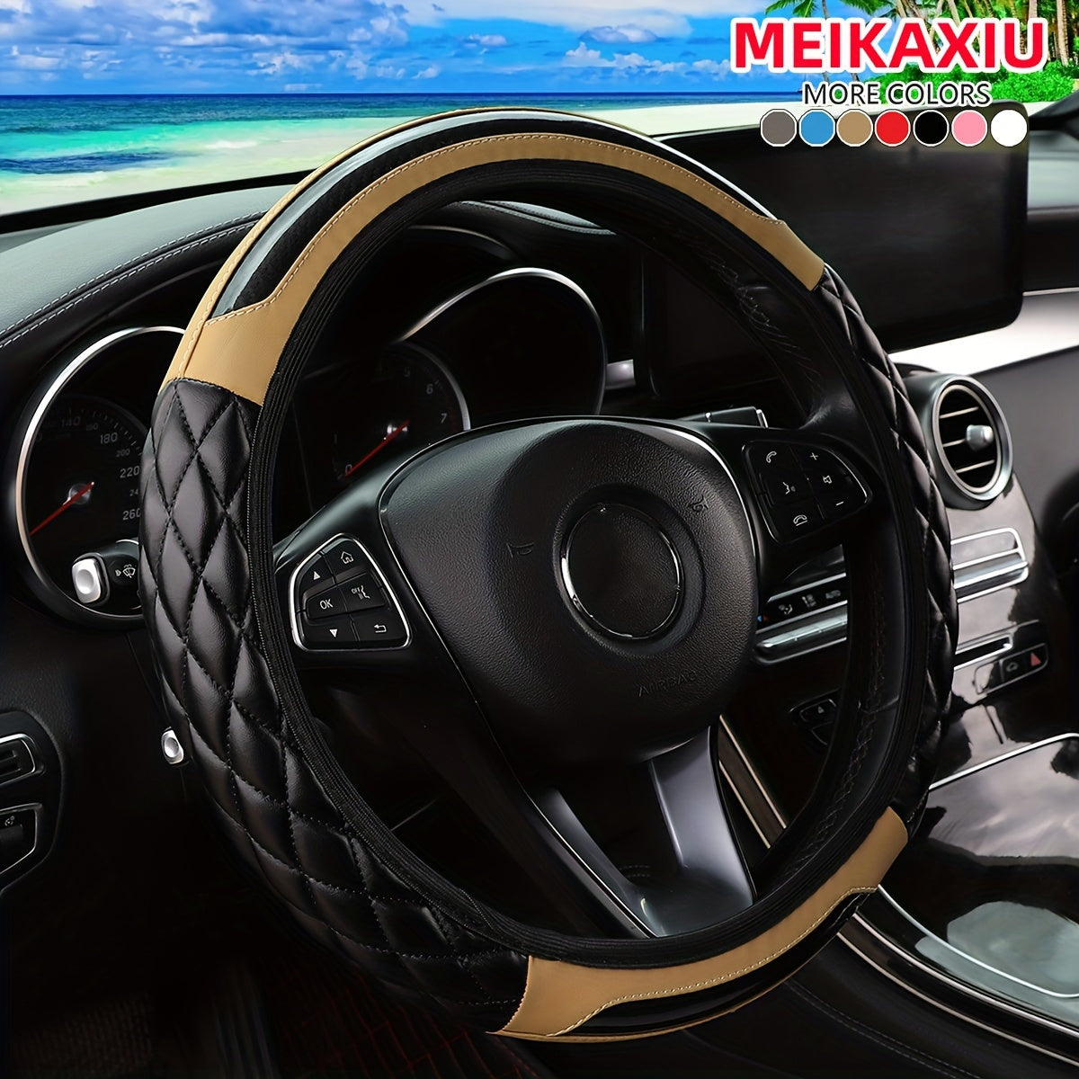 MEIKAXIU 3D Embroidered Crystal Carbon Fiber Steering Wheel Cover - 1pc Universal Fit for 14.5-15 Inch - Unisex, Available in Black, Red, Pink, Blue, Beige, Gray