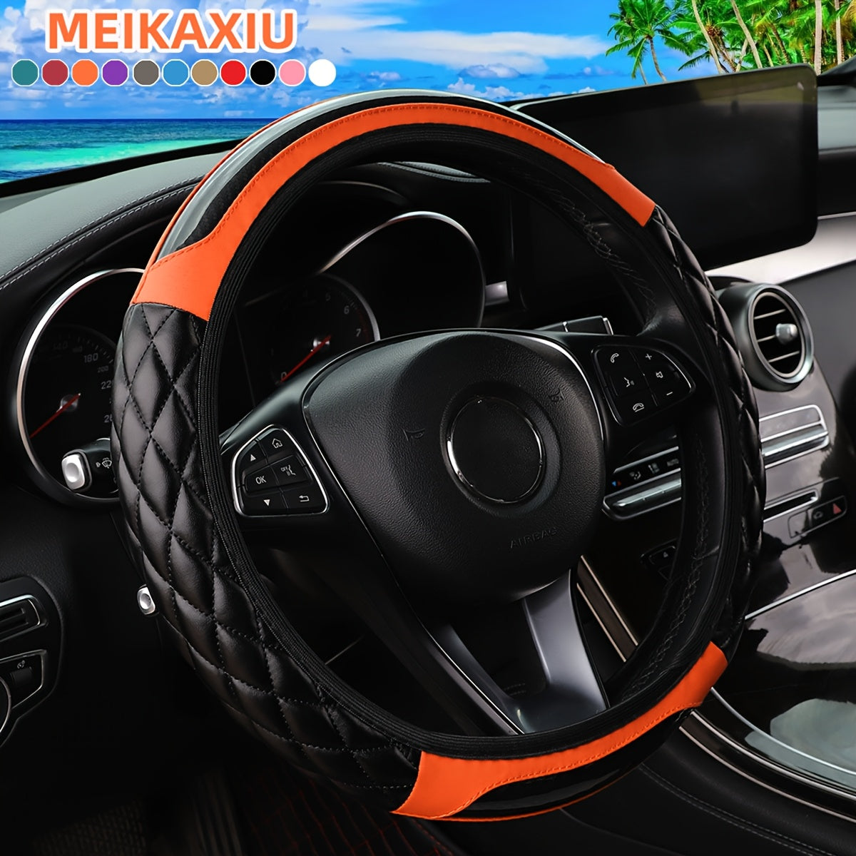 MEIKAXIU 3D Embroidered Crystal Carbon Fiber Steering Wheel Cover - 1pc Universal Fit for 14.5-15 Inch - Unisex, Available in Black, Red, Pink, Blue, Beige, Gray