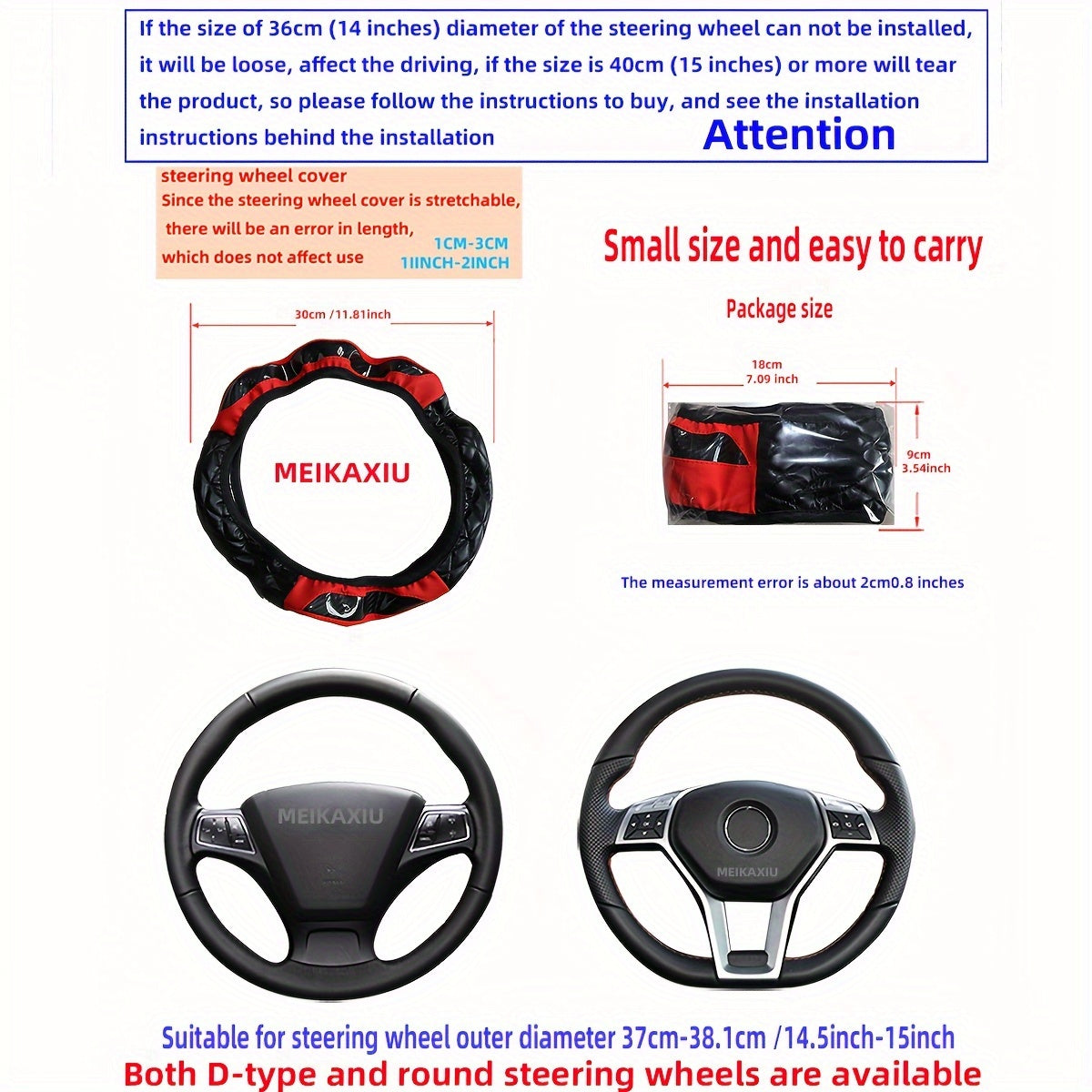 MEIKAXIU 3D Embroidered Crystal Carbon Fiber Steering Wheel Cover - 1pc Universal Fit for 14.5-15 Inch - Unisex, Available in Black, Red, Pink, Blue, Beige, Gray
