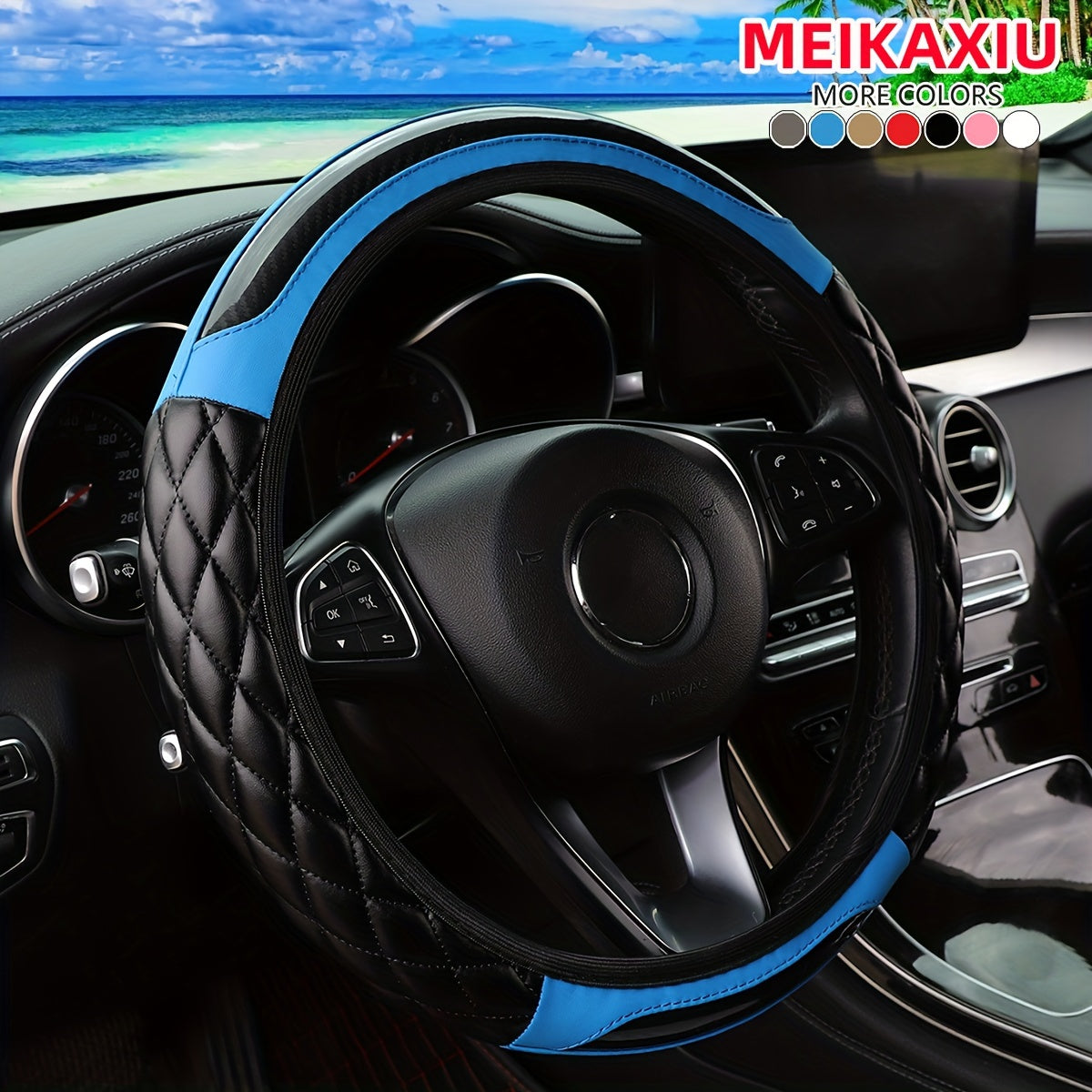 MEIKAXIU 3D Embroidered Crystal Carbon Fiber Steering Wheel Cover - 1pc Universal Fit for 14.5-15 Inch - Unisex, Available in Black, Red, Pink, Blue, Beige, Gray