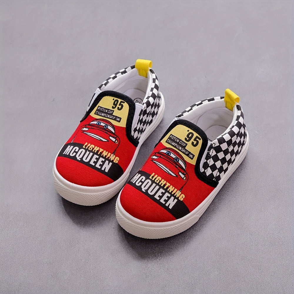 Official Lightning McQueen Racing Cup Graphic Sneakers - Slip-On Shoes with Checkered Flags, Lightweight Canvas Toddler & Kids Shoes with Cushioned EVA Insole & Non-Slip Rubber Outsole for Boys and Girls - Birthday Party Outf