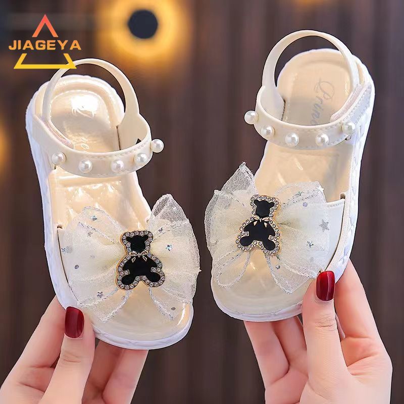 Girls' Summer Princess Sandals 2024, Open-Toe with Pearl Heart Detail, Non-Slip Soft Sole Toddler & Kids Shoes