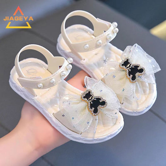 Girls' Summer Princess Sandals 2024, Open-Toe with Pearl Heart Detail, Non-Slip Soft Sole Toddler & Kids Shoes