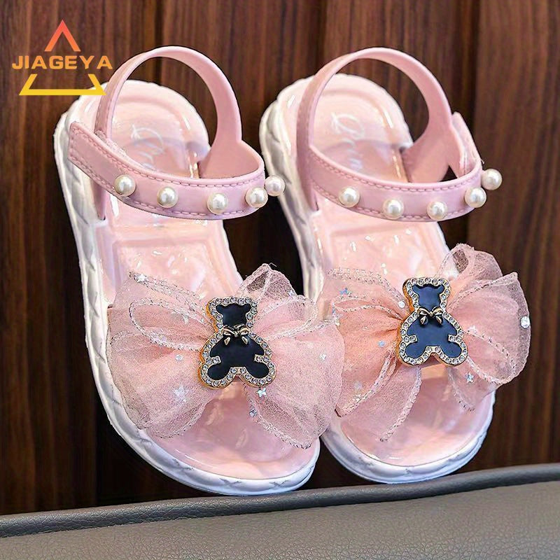 Girls' Summer Princess Sandals 2024, Open-Toe with Pearl Heart Detail, Non-Slip Soft Sole Toddler & Kids Shoes