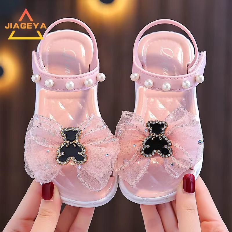 Girls' Summer Princess Sandals 2024, Open-Toe with Pearl Heart Detail, Non-Slip Soft Sole Toddler & Kids Shoes
