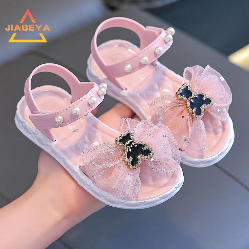 Girls' Summer Princess Sandals 2024, Open-Toe with Pearl Heart Detail, Non-Slip Soft Sole Toddler & Kids Shoes