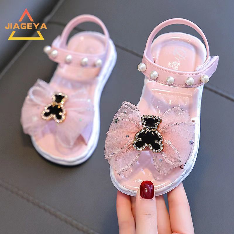 Girls' Summer Princess Sandals 2024, Open-Toe with Pearl Heart Detail, Non-Slip Soft Sole Toddler & Kids Shoes