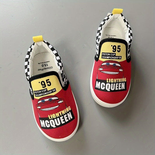 Official Lightning McQueen Racing Cup Graphic Sneakers - Slip-On Shoes with Checkered Flags, Lightweight Canvas Toddler & Kids Shoes with Cushioned EVA Insole & Non-Slip Rubber Outsole for Boys and Girls - Birthday Party Outf