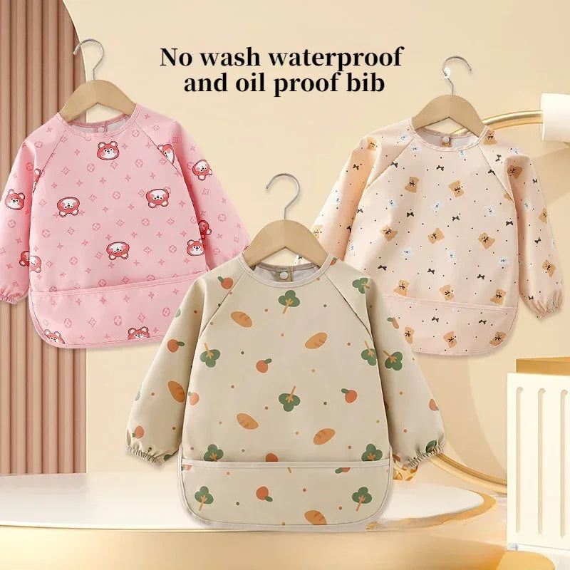 Baby Kids Toddler Long Sleeve Scarf Waterproof Art Smock Feeding Bib Apron Pocket Infant Boys Girls Burp Cloth Bandana Bibs