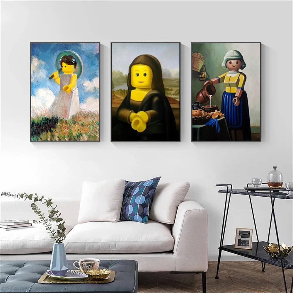 Abstract Funny Mona Lisa Legos Poster And Prints Cartoon Famous Painting Canvas Wall Art For Living Kids Room Home Decoration