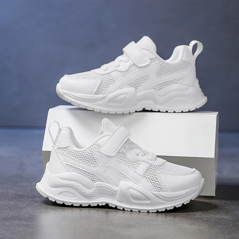 White Children's Leather Casual Shoes For Boy Girls Outdoor Running Sneakers Breathable Mesh Kids School Walking Sport Non Slip