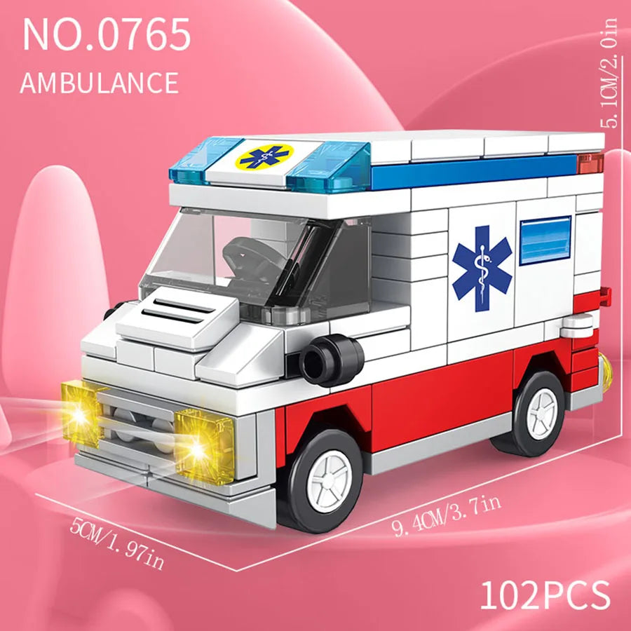 Small particle building block city vehicle model, school bus, fire truck, ambulance, business car, holiday gift for friends