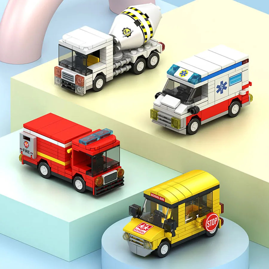 Small particle building block city vehicle model, school bus, fire truck, ambulance, business car, holiday gift for friends