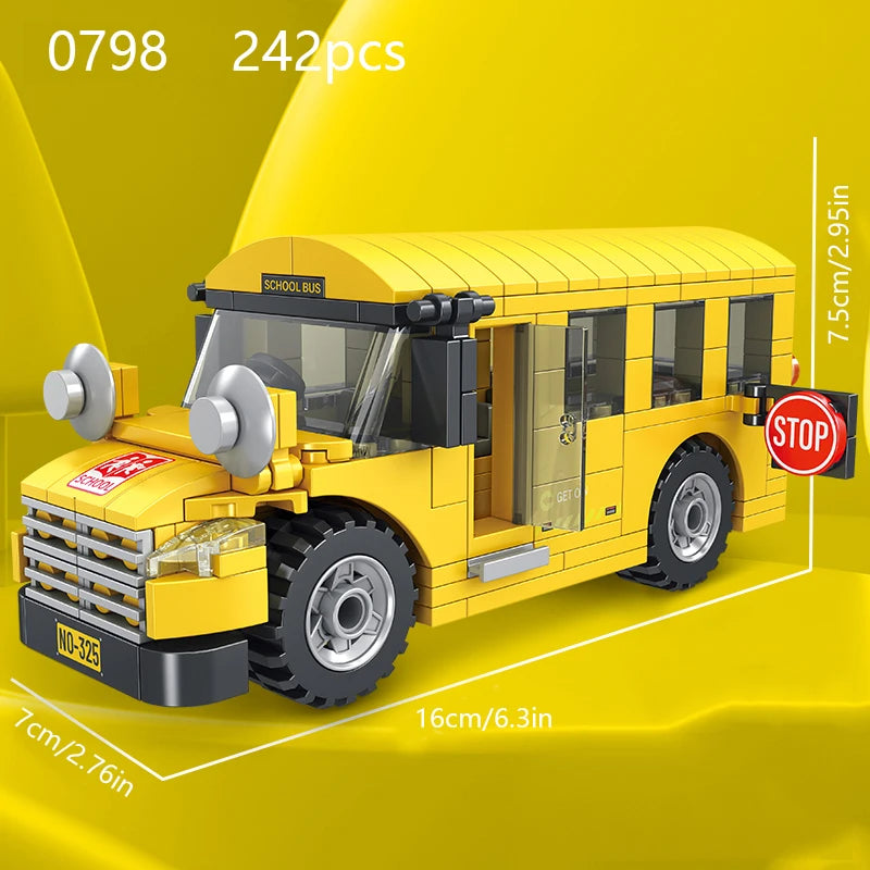 Small particle building block city vehicle model, school bus, fire truck, ambulance, business car, holiday gift for friends
