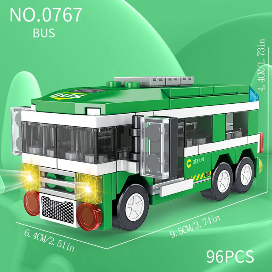 Small particle building block city vehicle model, school bus, fire truck, ambulance, business car, holiday gift for friends