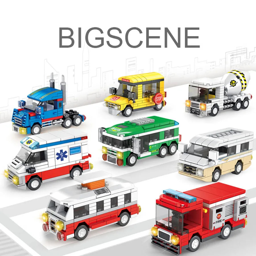 Small particle building block city vehicle model, school bus, fire truck, ambulance, business car, holiday gift for friends