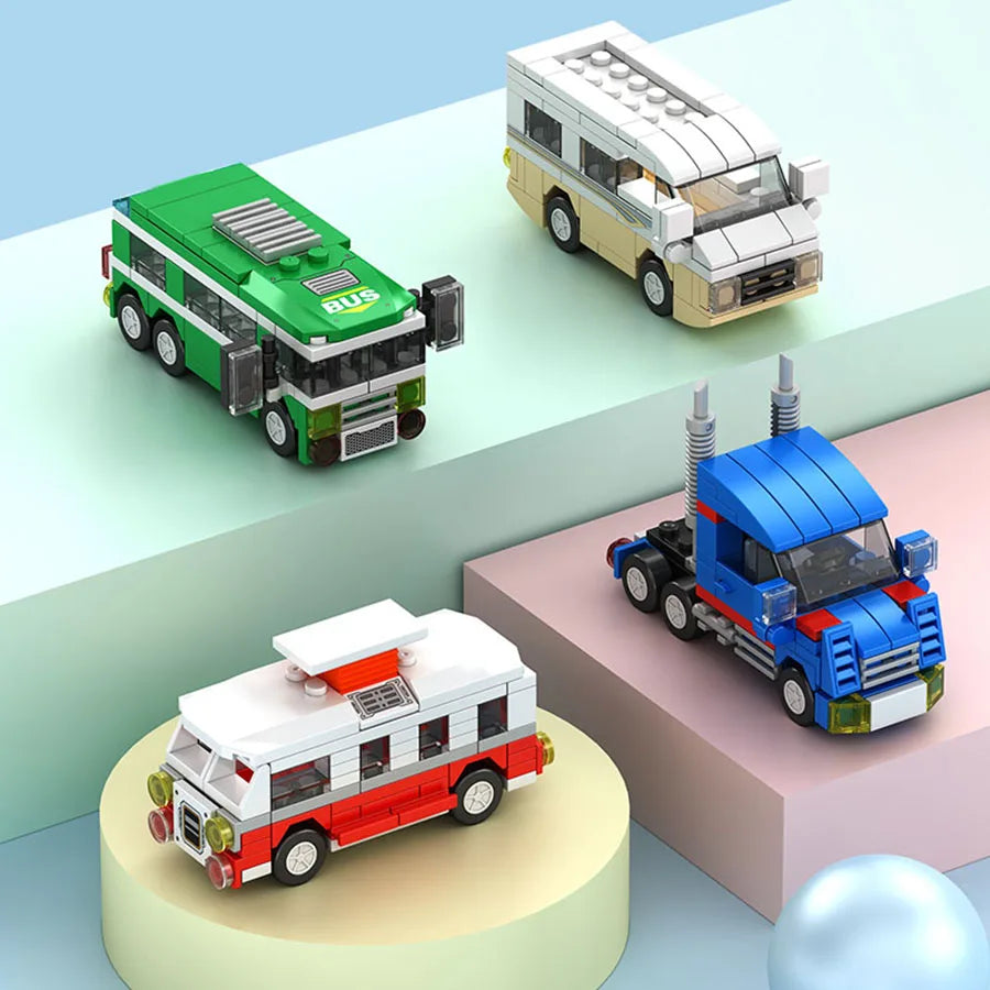 Small particle building block city vehicle model, school bus, fire truck, ambulance, business car, holiday gift for friends