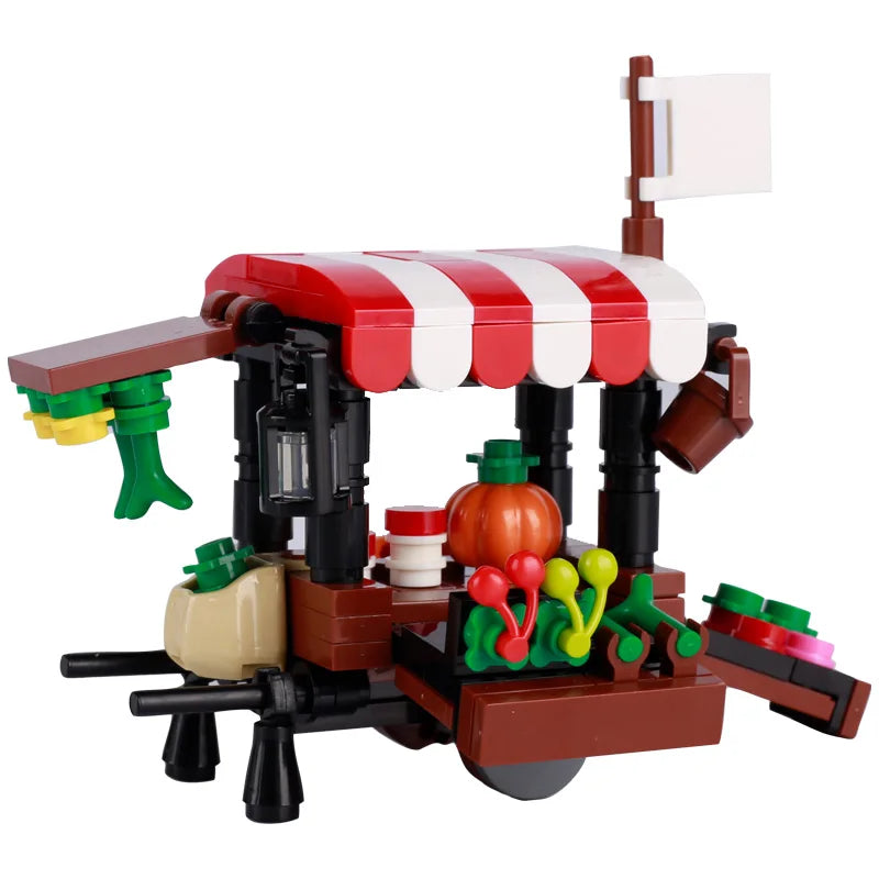 MOC City Steet View Pizza Cart Coffee Shop Newsstand Building Blocks Kit Toilet  Park Flower Bed Pizzeria Trash Can Bricks Toys