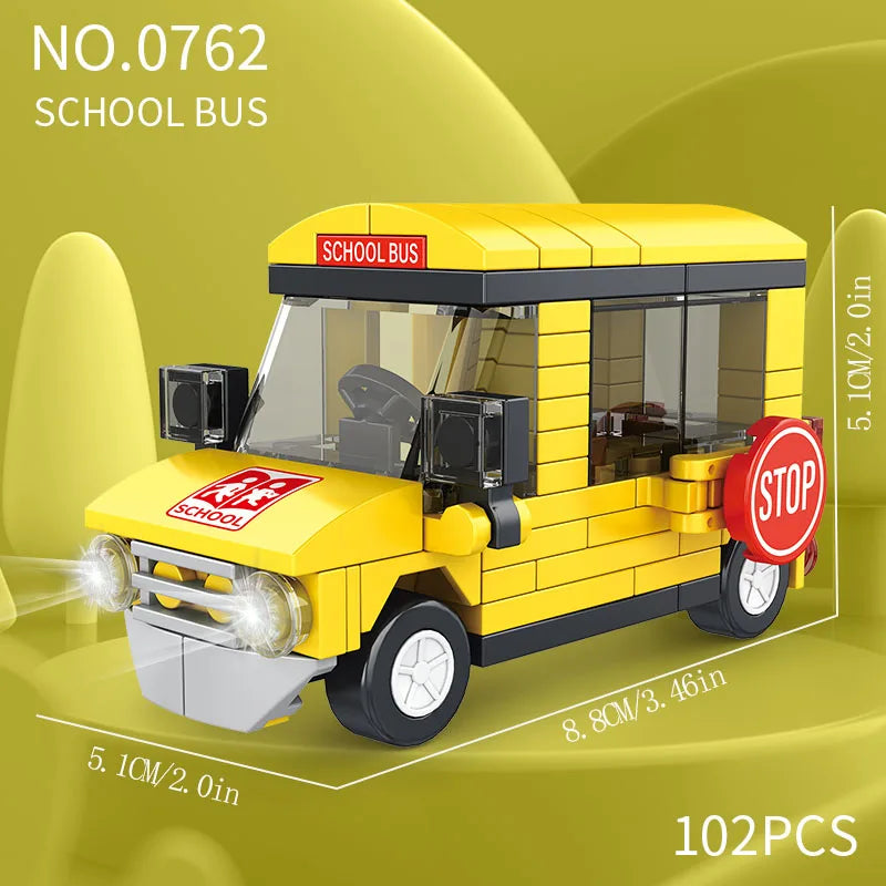 Small particle building block city vehicle model, school bus, fire truck, ambulance, business car, holiday gift for friends