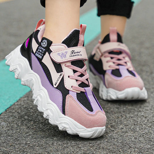 Fashion Children Shoes Girls Sneaker Black Pink PU Leather Platform Casual Sneaker School Tennis Sports Shoes for Girls