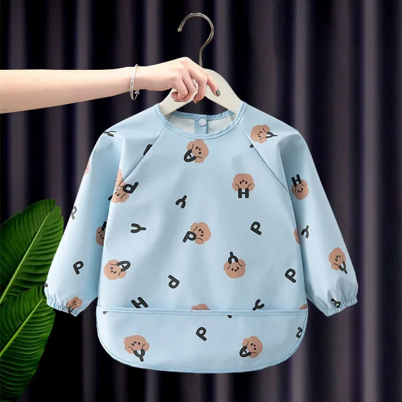 Baby Kids Toddler Long Sleeve Scarf Waterproof Art Smock Feeding Bib Apron Pocket Infant Boys Girls Burp Cloth Bandana Bibs