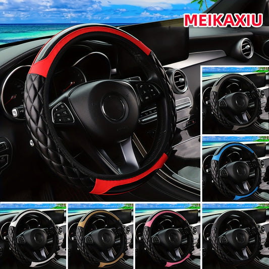 MEIKAXIU 3D Embroidered Crystal Carbon Fiber Steering Wheel Cover - 1pc Universal Fit for 14.5-15 Inch - Unisex, Available in Black, Red, Pink, Blue, Beige, Gray